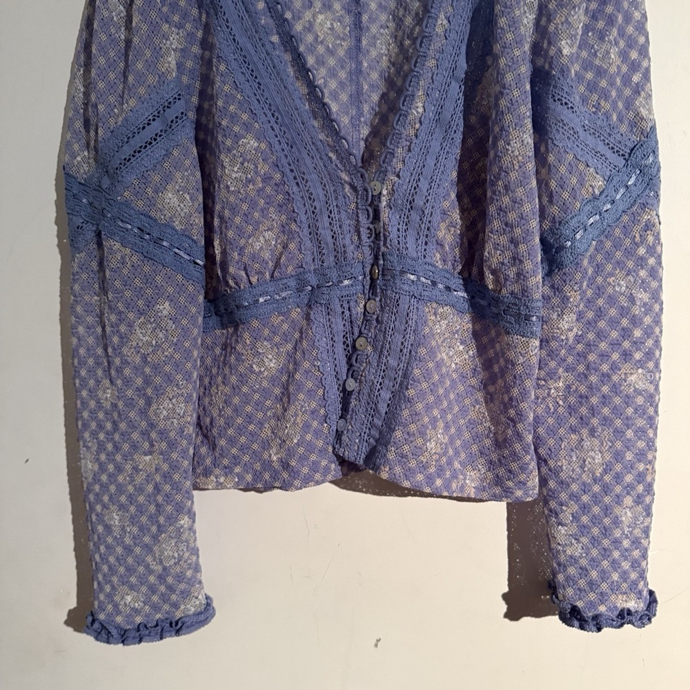 Free People Gingham Floral Lace Cardigan Top Women's S Blue Sheer Boho Fairy - Picture 3 of 5